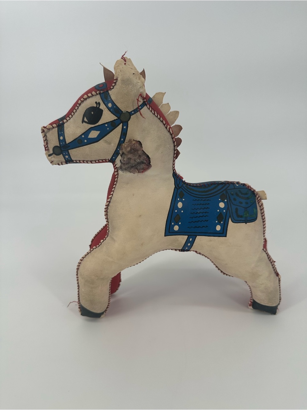 VTG Hand Stitched Pink & Red Horse 1960’s Vinyl /Oil Cloth Stuffed Animal 9"